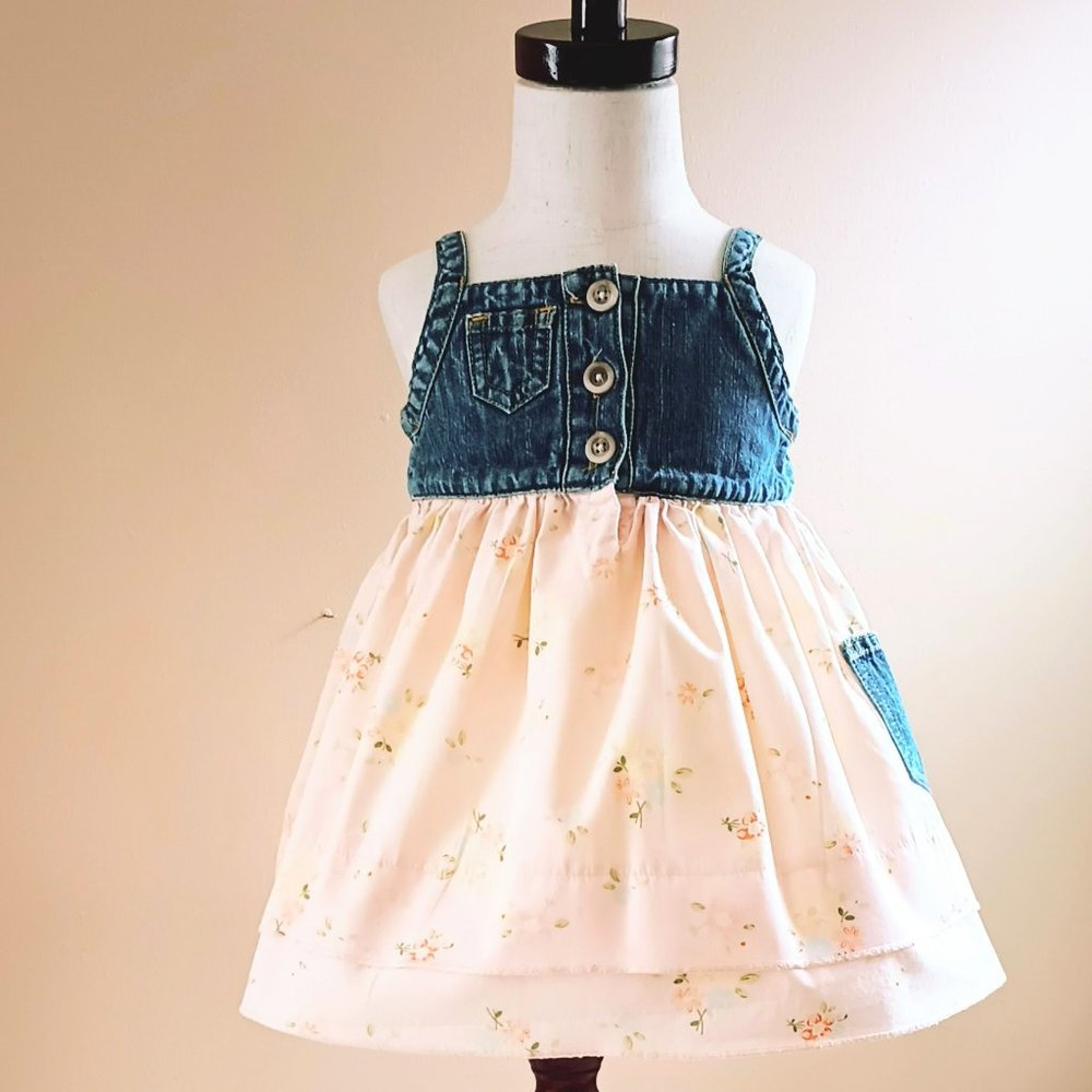 Toddler Vintage Denim Jumper 18M Melon Floral Layered Bottom Button Front